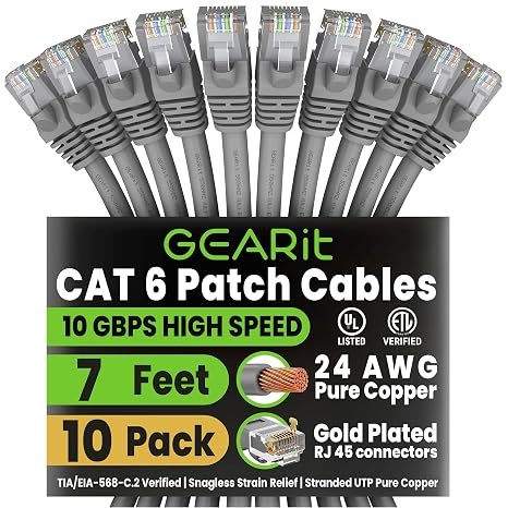 GEARit Cat6 Patch Cables Cat 6 Ethernet Cable 7 ft 10-Pack Gray