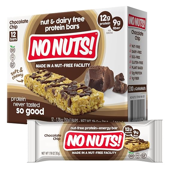 No Nuts! Chocolate Chip Protein Bars 100% Nut-Free & School-Safe | 12g Plant Protein, Vegan, Gluten-Free, Non-GMO, Organic, Kosher | 12 Count