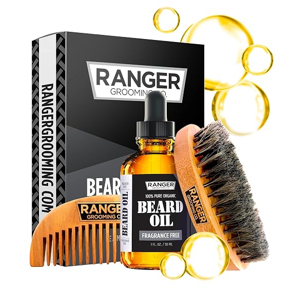 Leven Rose Beard Kit by Ranger Grooming Company, 100% Organic Natural Fragrance Free Unscented Beard Oil, Boar Bristle Beard Brush, Natural Wood Comb Beard Care Starter Set for Men