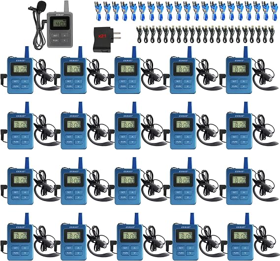 EXMAX ELGT-470 Simultaneous Interpreting Equipment Headset Tour Guide System 100 Channels for Church,Exhibition,Training,Reception,Church,Teaching,Assistive Listening(1 Transmitter & 20 Receivers)