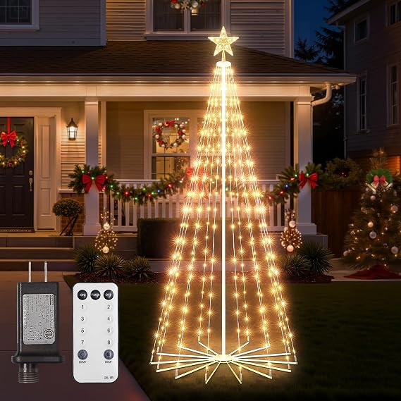 Christmas Cone Tree Light, 7ft 295 LED Light Show Christmas Tree with 8 Modes Timer Remote, Dimmable Artificial Christmas Tree for Porch Yard Patio Indoor Outdoor Xmas Holiday Decor, Warm White