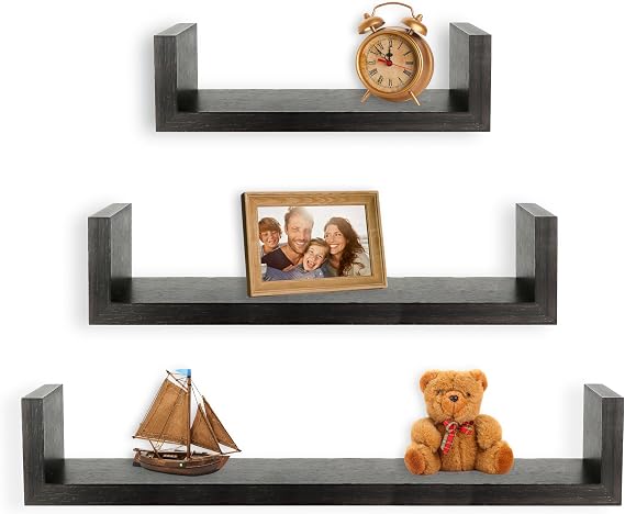 Greenco Set of 3 Floating U Shelves, Easy-to-Assemble Floating Wall Mount Shelves for Bedrooms and Living Rooms, Espresso Finish