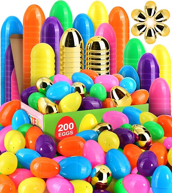 [6 Surprise Golden Eggs] 200 Pack 3 Inch Large Easter Eggs, Empty Easter Eggs Fillable, Bright Colors Plastic Eggs Bulks for Easter Hunt, Easter Party Favor, Basket Stuffers Fillers
