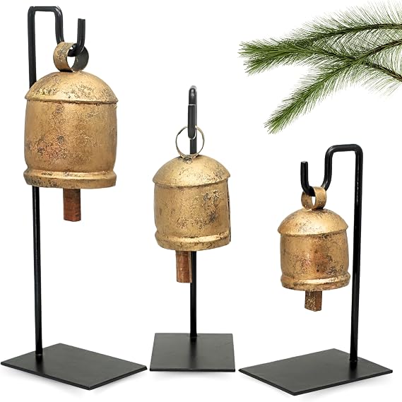 Shabby Chic Set of 3 Harmony Bells on Metal Stand Handmade Metal Christmas Decoration Cow Bells 13",10",7" Country Rustic