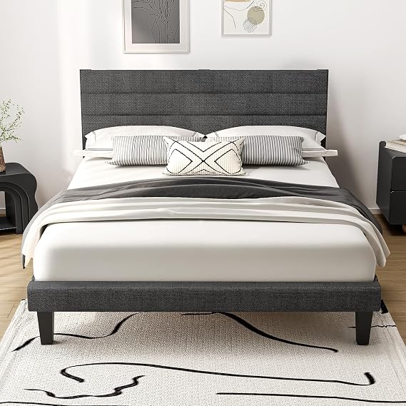 Bonnlo 5ft King Bed Frame, Noise-Free Upholstered Platform Bed with Adjustable Headboard & Under Bed Storage - Sturdy Wooden Slat Support-No Box Spring Needed, Linen-like Fabric,Light Grey,150x200 cm