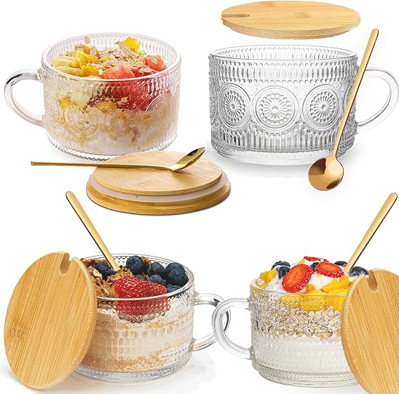 14 Oz Vintage Coffee Mugs Set, 4pcs Clear Embossed Tea Cups with Bamboo Lids & Spoons, Ideal for Cappuccino, Latte, Cereal, Yogurt, Beverages & Oats