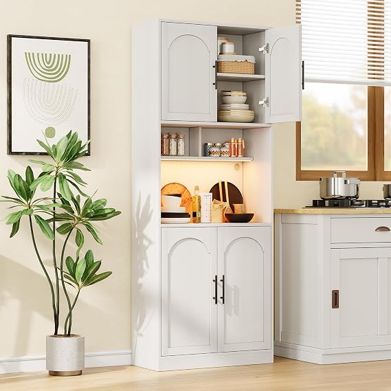 GAOMON 71" Tall Pantry Cabinet with LED Light & Microwave Shelf