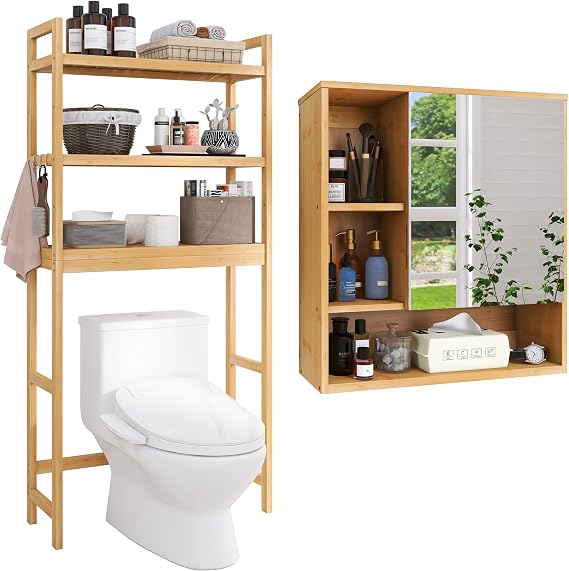 SMIBUY Bathroom Storage Shelf and Mirror Cabinet Wall Mounted, Freestanding Toilet Space Saver with 3-Tier Adjustable Shelves and Wall Hanging Over Toilet Storage Cabinet with Mirror Door (Natural)