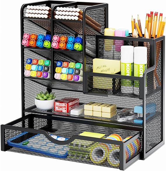 Marbrasse Mesh Desk Organiser,Stationary Organiser,Multifunctional Pen Holder,Desktop Storage and Drawer for Home Office (Black)