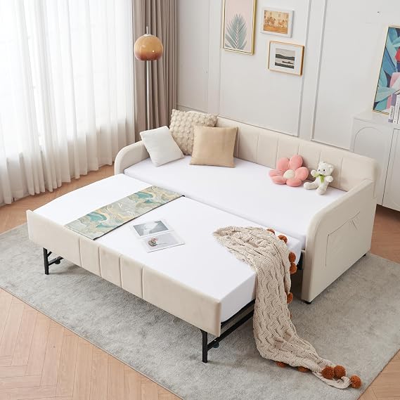 TTK Twin Size Upholstered Daybed with Trundle, Convertible Twin to King Sofa Bed Frame with USB Charging Ports & Wave Backrest, Linen Fabric Guest Bed for Kids Teens Adults (Beige)