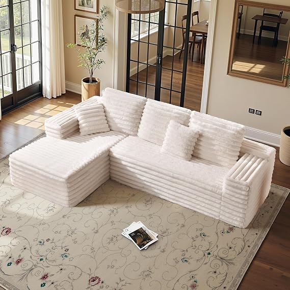 VanAcc 106" Oversized Modular Sectional Sofa, Deep Seat Cloud Couch with Corduroy Upholstery, L Shaped Boneless Sofas, Easy No-Assembly Lounge Couches for Living Room, Cream