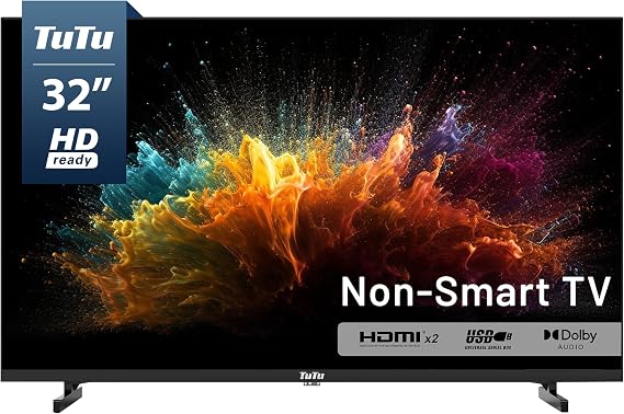TuTu 32 Inch HD TV, 2K LED Small Flat Screen Non-Smart Television, Works with Apple TV, Fire Stick, Roku, Google, TiVo, Xumo, and Streaming Devices