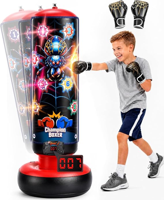 Punching Bag for Kids 51" Freestanding Boxing Bag with LED Scoring & Music, 4 Game Modes, Kids Boxing Set with Gloves & Pump, Inflatable Electronic Boxing Bag Gift for Boys Girls Ages 3-12