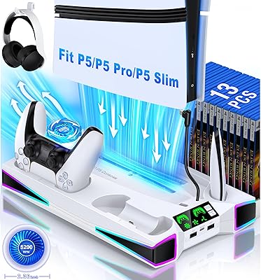 Kawaye PS5 Stand PS5 Cooling Station for PlayStation 5/Pro/Slim Console, PS5 Accessories Vertical Stand with 2.36in Cooling Fan, RGB Light, Dual Controller Charger, Headset Holder, 3 Charger Port