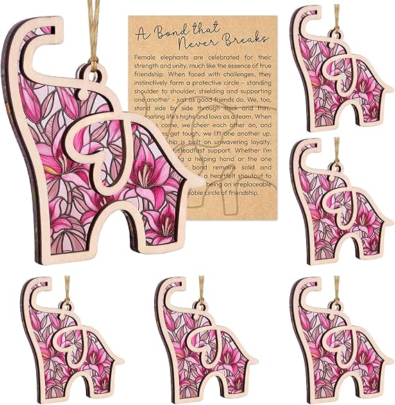 6 PCS Wooden Elephant Ornament Set with Story Cards Friendship Gifts for Women, Sisterhood Keepsake for Birthday, Galentines, Christmas & Everyday Sentiment