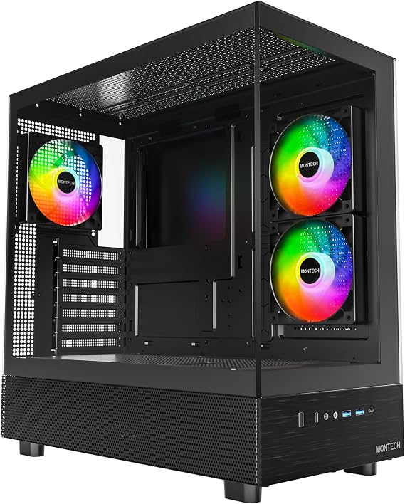 MONTECH XR, ATX Mid-Tower PC Oyun Kasası, 3 x 120mm ARGB PWM Fanlar Önceden Yüklenmiş, Tam Görünüm Çift Temperli Cam Panel, Ahşap Tahıl Tasarım G/Ç Arabirimi, 4090 GPU'ları Destekleyin, 360mm Radyatör