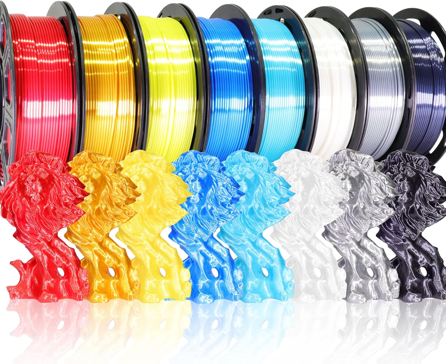 BBLIFE 1.75mm 8 Spools Silk Shiny 3D Printer PLA Filament Bundle Pack: 8 Silk Shiny Colors: Gold Silver White Black Green Purple Red Blue, Each Spool 250g, 8 Spools, Total 2Kg 3D Printing Filament