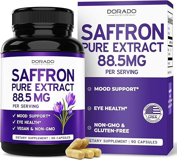 Saffron Supplements for Mood, Energy & Vision Support (3 Month Supply) Pure Saffron Extract 88.5mg Per Serving - Vegan Safe, Gluten Free, Third Party Tested & Non GMO - USA Made (90 Veggie Capsules)