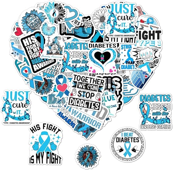 50 Pack Pcs Type One Diabetes Awareness Ribbon Stickers for Water Bottles Waterproof Vinyl Laptop Funny Inspirational Sticker Packs Bulk Set Teens Adults Aesthetic Small Decals