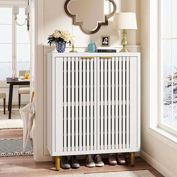 Tribesigns 6-Tier Shoe Cabinet with Shutter Doors, Large Wooden Shoe Organizer Rack with Adjustable Shelves, Modern Farmhouse Hidden Storage Furniture for Entryway, Hallway (White)