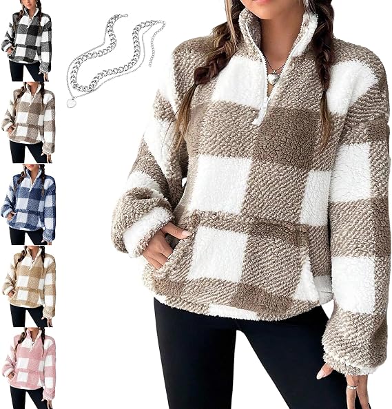 RJDJ Women's Plaid Print Half Zip Drop Shoulder Fleece Sweatshirt, Winter Warm Cozy Fuzzy Sherpa Fleece Pullover with Pocket