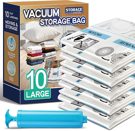 STORAGE MASTER Vacuum Storage Bags, Space Saver Bags 80% More Storage Space, With Hand Pump (10, Large)