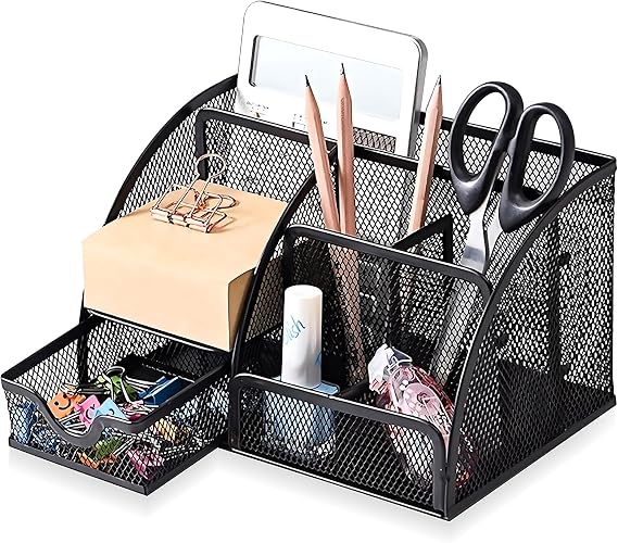Mesh Desk Organizer, Desktop Organizer with Drawer, Office Supplies Multi-Functional Caddy, Metal Stationary Black Desk Caddy, with 6 Compartments and 1 Drawer for Home, School, Workshop, kitchen…