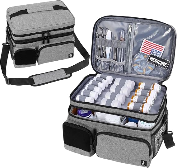 Double Layers Medicine Bag with Insulated Compartment Pill Bottle Organizer with Lockable Zipper,Travel Medicine Organizer with Soft Shoulder Straps for Pill Bottles, Medical Supplies