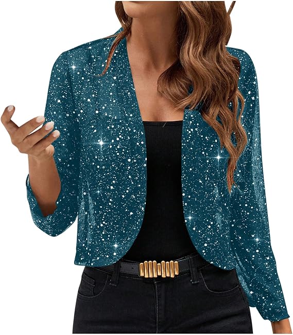 Womens Sequin Jacket Sparkly Glitter Open Front Cropped Blazer Lightweight Long Sleeve Jacket