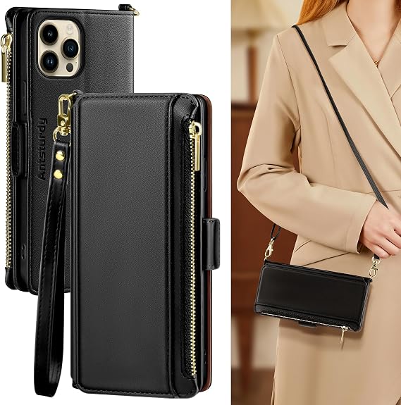 Antsturdy Crossbody Phone Wallet Case for iPhone 12 Pro Max,Black