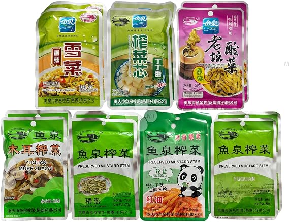 Fishwell Chinese Pickled Mustard & Vegetable Assortment – 12 Multi-Pack (6 Flavours x 2) for Rice, Noodles, Soup & Stir-Fry 鱼泉牌榨菜连包混合装