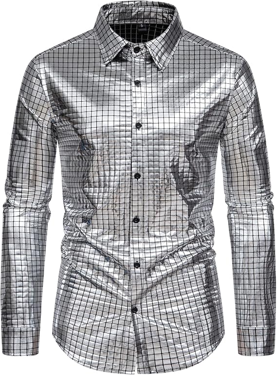 NewL Men Stage Party Shirt Metallic Checkered Long Sleeve Tops Black Formal Dress Shirts for Weddings Performances Evening