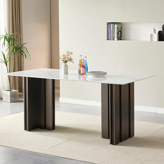 69.3'' Rectangular Dining Table, Modern Style, Tempered Glass with Marble Texture Tabletop, Matte Brushed Table Legs, Suitable for 4-6 People, White Marble, Matte Gray