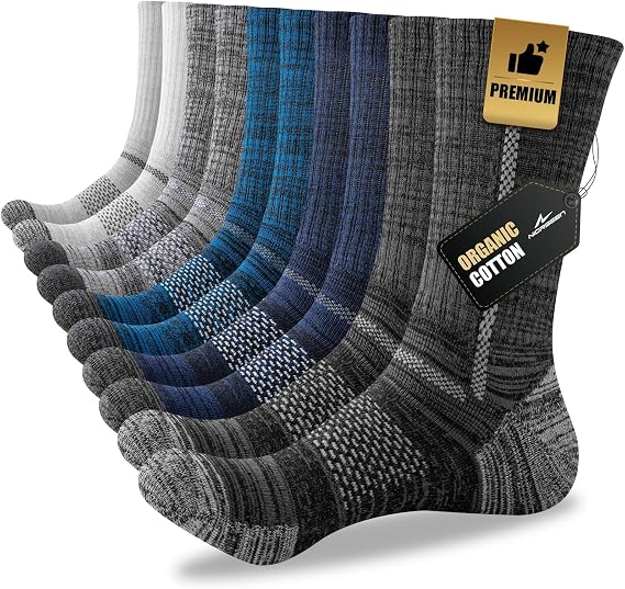 Niorasen Men's Cotton Crew Work Socks, 5 Pairs, Cushioned | 78.6% cotton crew socks with terry cushioning, arch support and reinforced heel and toe; for work, hiking or running.