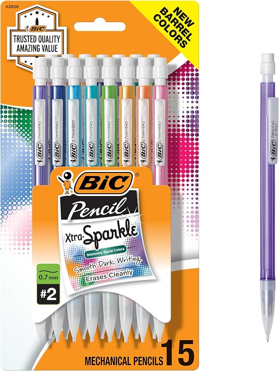 BIC Xtra-Sparkle Number 2 Mechanical Pencils With Erasers, Medium Point (0.7mm), 15-Count Pack, Cute Mechanical Pencils for Girls, Boys and Adults (Barrel Colors May Vary)