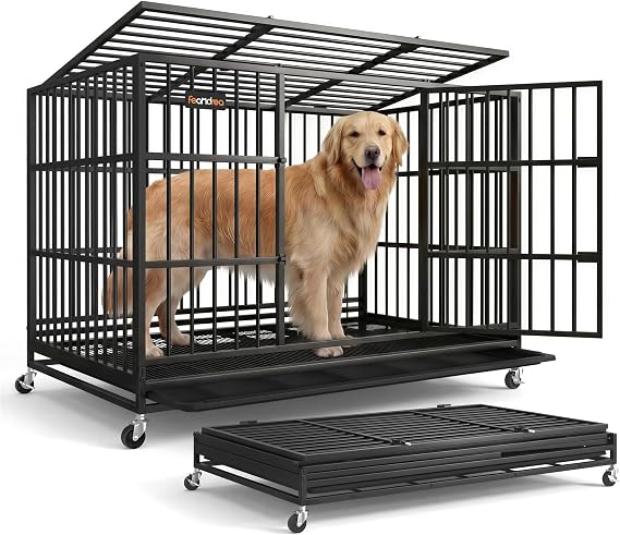 Feandrea Heavy-Duty Dog Crate, 5-Minute Quick Assembly, Foldable Dog Kennel Cage with Lockable Wheels, Double Doors, Escape Proof Fixed Bottom, Removable Tray, Easy to Clean, Ink Black, 48 Inch