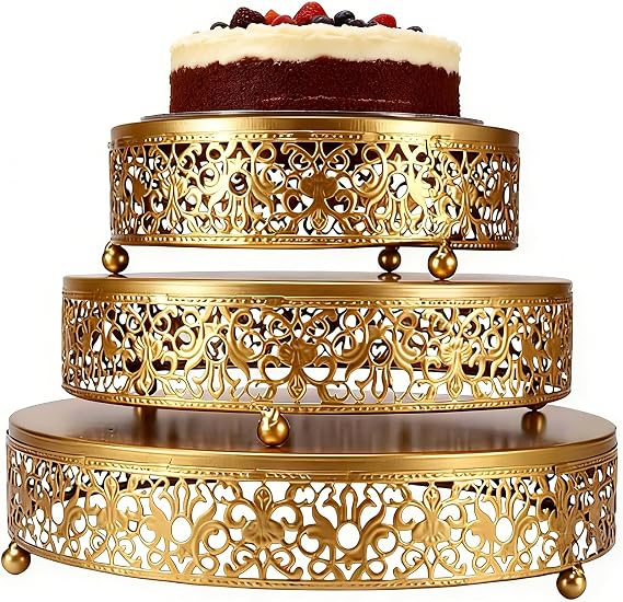 3 PCS Cake Stand, Metal Dessert Round Table Display Stands Set-8/10/12 Inch, Gold Cake Display Serving Tower for Birthday Party Baby Shower Engagement Wedding Anniversary (Gold)
