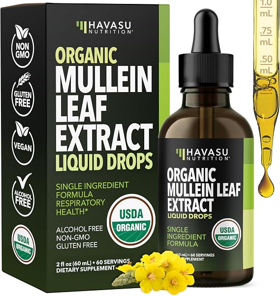 Mullein Drops for Lungs, USDA Organic Mullein Leaf Extract, 2 Fl Oz