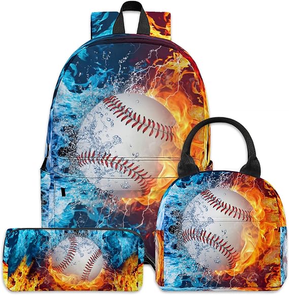 3PCS Backpack Set for Boys Girls, School Backpack with Lunch Bag Pencil Case for Kids, Backpack Bookbag for Teen Student Middle Elementary High School (Baseball), Large