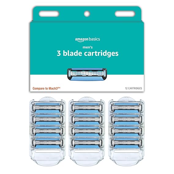 Amazon Basics 3-Blade Razor Refills for Men with Dual Lubrication, 12 Cartridges (Fits Amazon Basics Razor Handles only) (Previously Solimo)