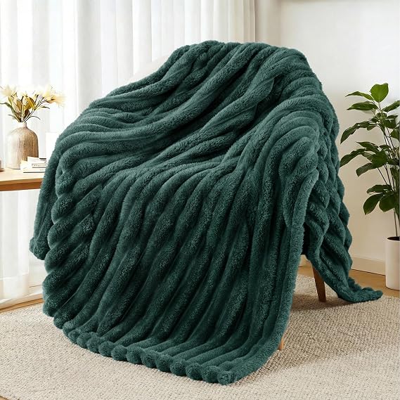 Exclusivo Mezcla Soft Striped Fleece Blanket, Forest Green Sofa Bed Throw