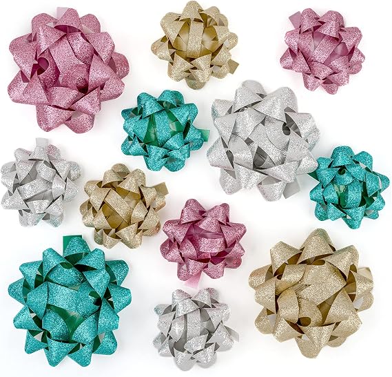 WRAPAHOLIC Glitter Gift Bow Assortment (12 Bows) Gold, Silver, Rose Gold, Turquoise for Birthday, Wedding, Christmas, Baby Shower, Bridal Showers