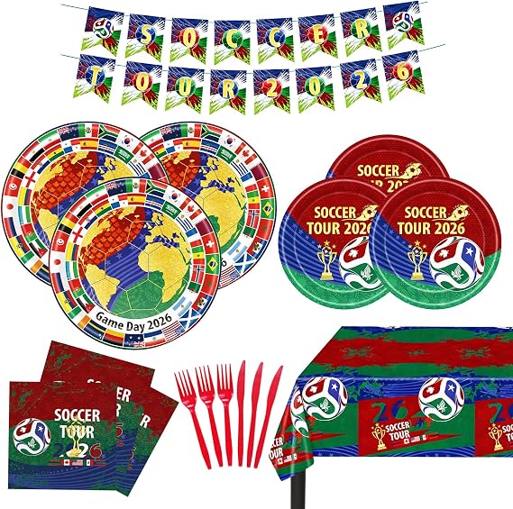 117 PCS World Cup 2026 Soccer Party Decorations Kit, Football Theme Birthday Decorations with Plates, Napkins, Knives, Forks, Tablecloth, Pennants for Game Day, Soccer Party Supplies Serves 20