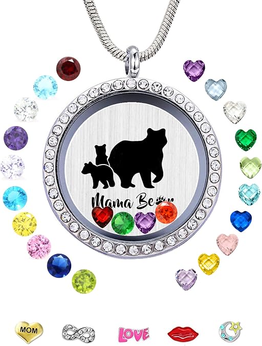 GOKING Mama Bear Charms Floating Living Locket Pendant Necklace for Women