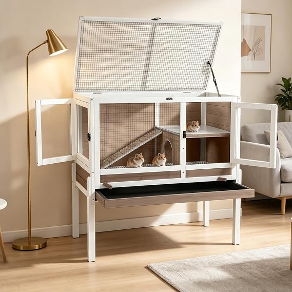 Aivituvin 2-Story Indoor Rabbit Hutch Guinea Pig Cage with Stand,WhiteBrown