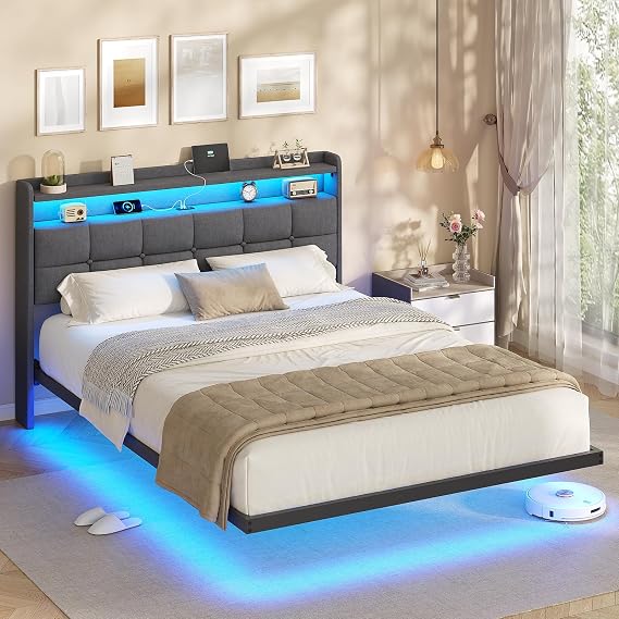 AOGLLATI 4ft6 Floating Double Bed Frame 135×190CM with LED Lights & Charging Station, Metal Platform Bed frame with Upholstered Headboard, Easy Assembly,Noise Free,No Box Spring Needed,Dark Gray Linen