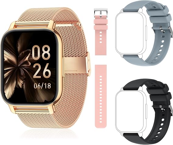 Popglory Smart Watch for Women & Men, 1.85'' Call Receive/Dial Smartwatch, Fitness Tracker with Blood Pressure/SpO2/Heart Rate Monitor, Fitness Watch with 4 Straps for iOS & Android Phones