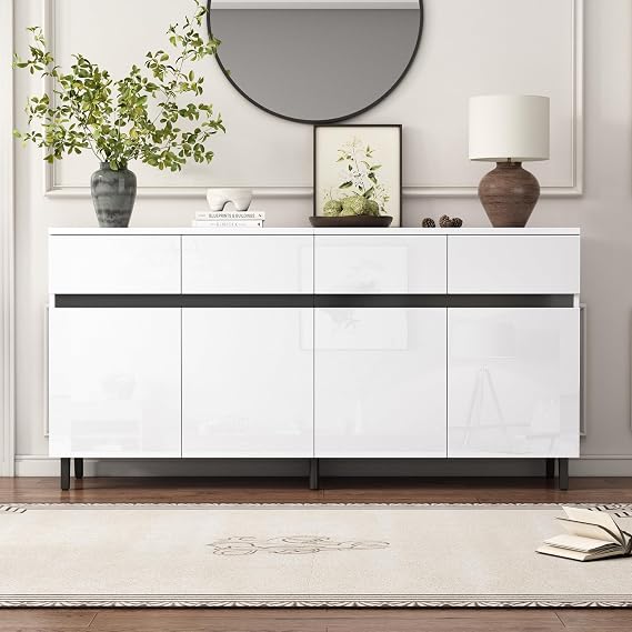 ModernLuxe Sideboard Storage Cabinet High Gloss Buffet Cupboard with 4 Doors & 4 Drawers,Adjustable Shelves, Chest of Drawers for Living Room & Kitchen,White 160 x 40 x 68 cm