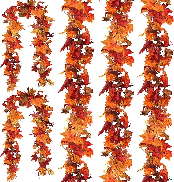 CQURE 5 Pack Fall Garland, 29.5Ft Artificial Autumn Maple Leaves Vines Thanksgiving Halloween Harvest Decor for Fireplace Mantle Table Indoor Outdoor