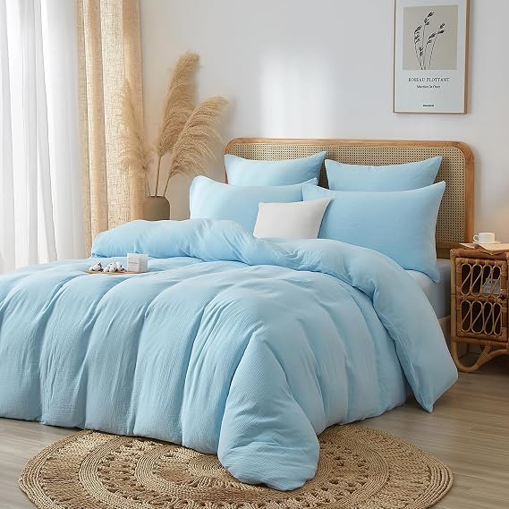 100% Muslin Cotton Light Blue Duvet Cover Queen Set Fluffy Solid Bedding